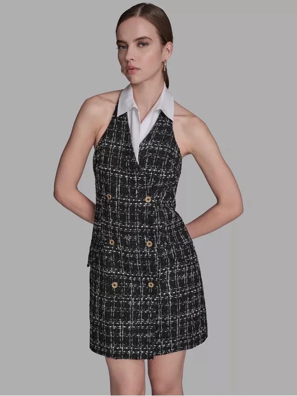 BCBG NWT Tweed Plaid Bouclé Twofer Halter Neck Mini Dress Women Size 8